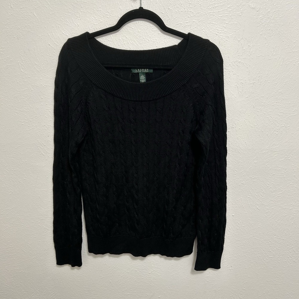 Ralph Lauren Black Cable Knit Sweater Size L Scoop Neck Top Long Sleeve Classic